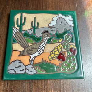 Masterworks Hand-Painted Stoneware Wall Tile with Racing Roadrunner Desert